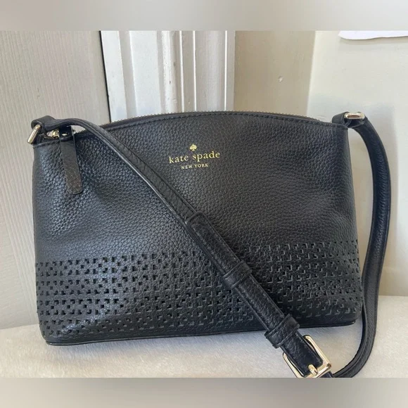 kate spade black pebbled leather crossbody with perforated detail EUC - Picture 8 of 10